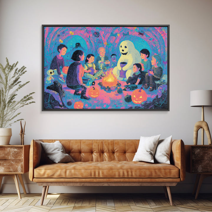 The Halloween Story Circle, Retro Neon Halloween Art, Landscape Wall Art, Canvas Print, Retro Halloween Decor, Neon Wall Art