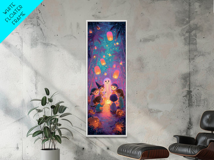 The Halloween Story Circle, Synthwave Halloween Art, Tall Narrow Wall Art, Framed Canvas Print, Retro Halloween Decor, Neon Wall Art