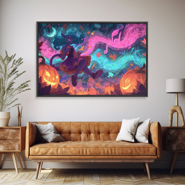 The Moonlight Dance Party, Retro Neon Halloween Art, Landscape Wall Art, Framed Canvas Print, Retro Halloween Decor, Neon Wall Art