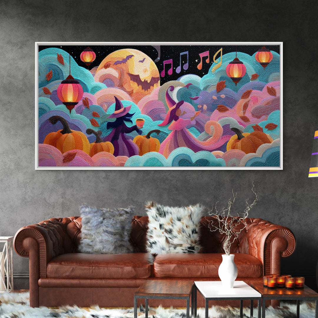 The Moonlight Dance Party, Cute Spooky Neon Art, Wide Panoramic Art, Framed Canvas Print, Retro Halloween Decor, Neon Wall Art