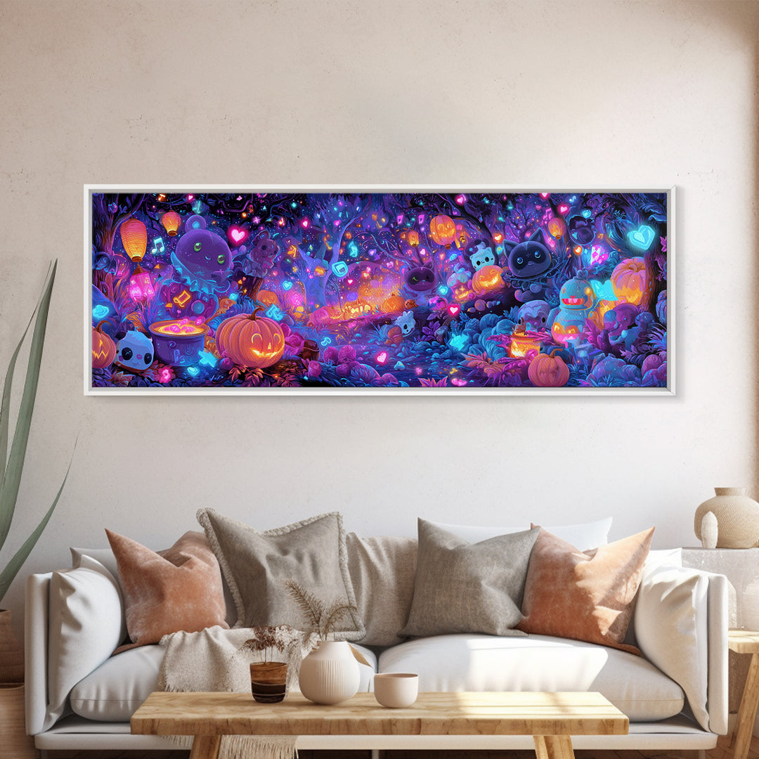 The Moonlight Dance Party, Synthwave Halloween Art, Extra Wide Wall Art, Canvas Print, Retro Halloween Decor, Neon Wall Art