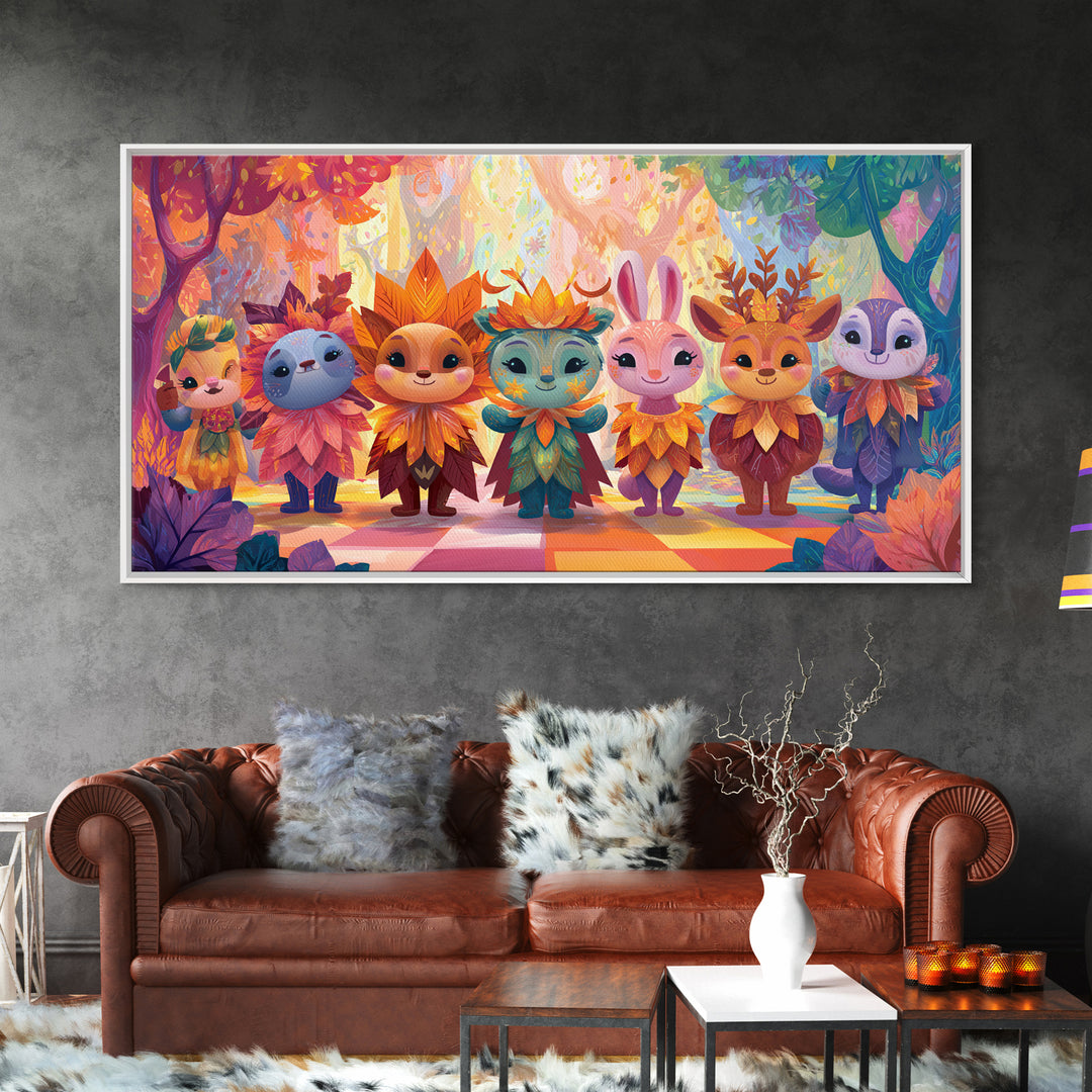 The Autumn Leaf Costume Contest, Cute Spooky Neon Art, Wide Panoramic Art, Canvas Print, Retro Halloween Decor, Neon Wall Art