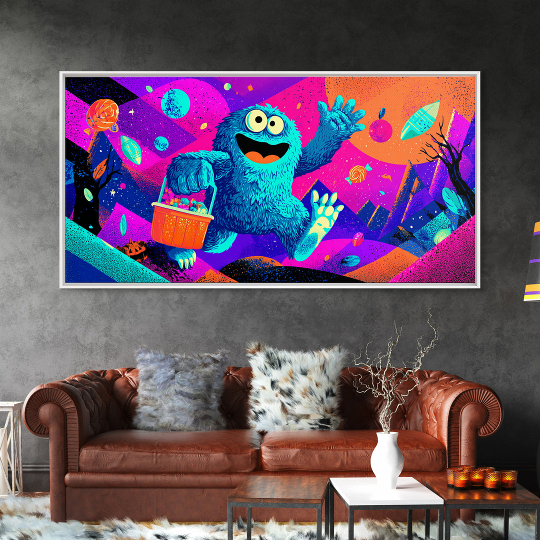 The Candy Bucket Relay Race, Cute Spooky Neon Art, Wide Panoramic Art, Canvas Print, Retro Halloween Decor, Neon Wall Art, Dark Fantasy Art