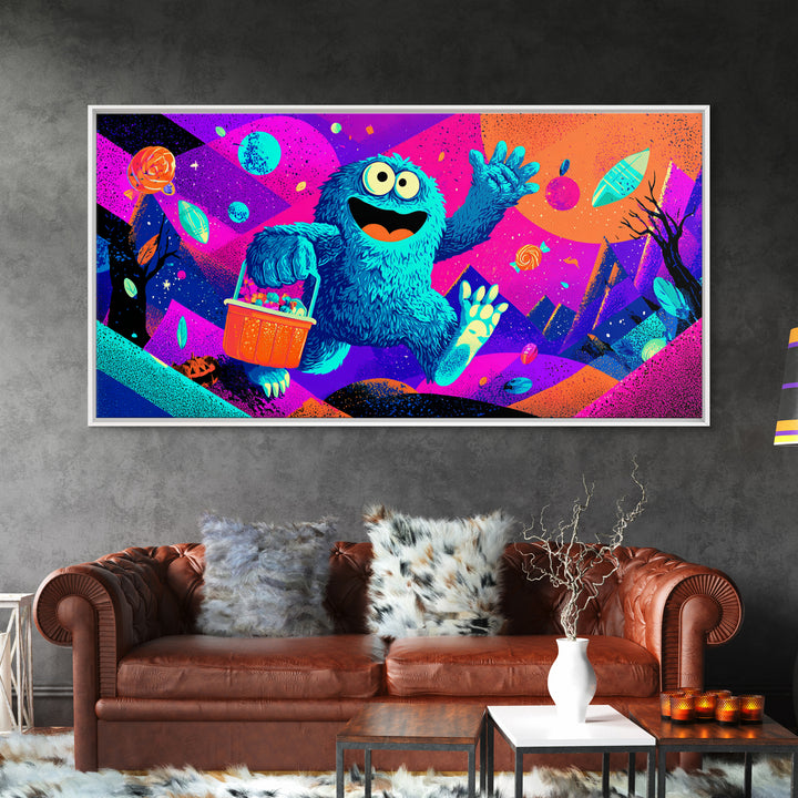 The Candy Bucket Relay Race, Cute Spooky Neon Art, Wide Panoramic Art, Canvas Print, Retro Halloween Decor, Neon Wall Art, Dark Fantasy Art