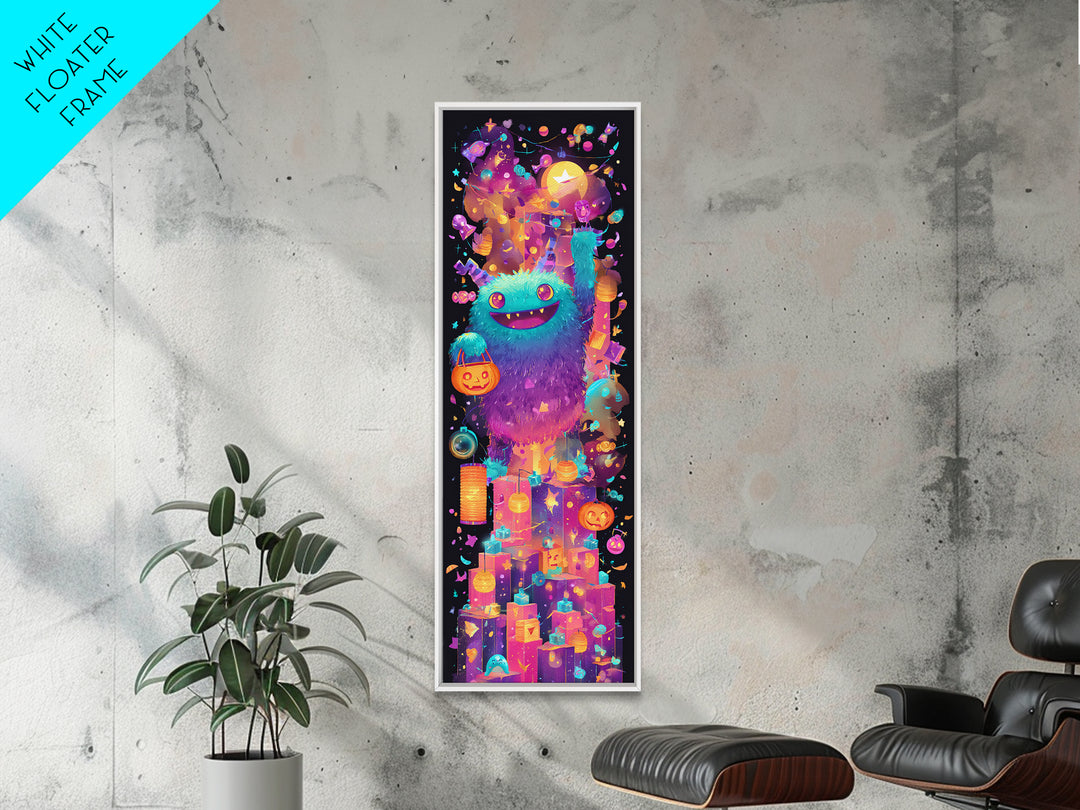 The Candy Bucket Relay Race, 80s Halloween Wall Art, Tall Narrow Wall Art, Framed Canvas Print, Retro Halloween Decor, Neon Wall Art