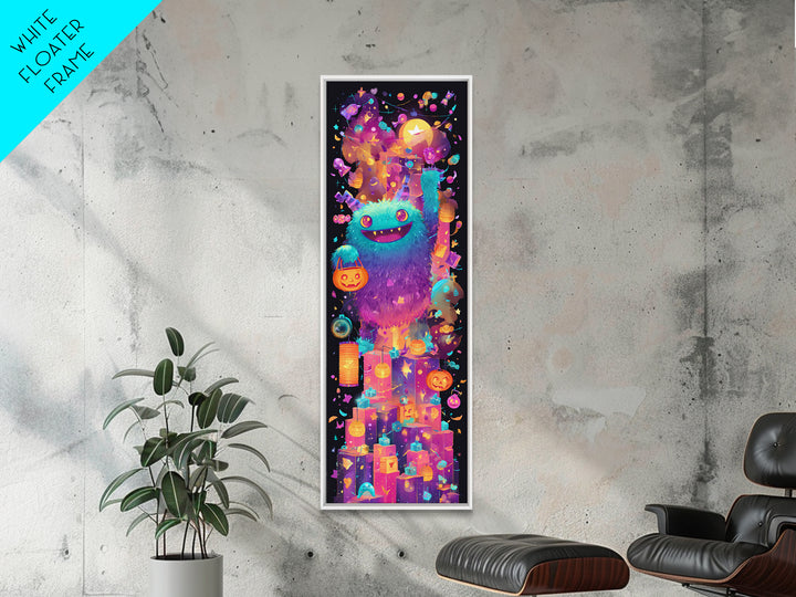 The Candy Bucket Relay Race, 80s Halloween Wall Art, Tall Narrow Wall Art, Framed Canvas Print, Retro Halloween Decor, Neon Wall Art
