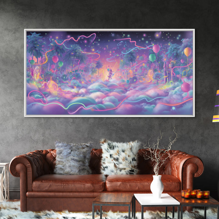 The Broomstick Obstacle Course, Vaporwave Halloween Decor, Wide Panoramic Art, Framed Canvas Print, Retro Halloween Decor, Neon Wall Art