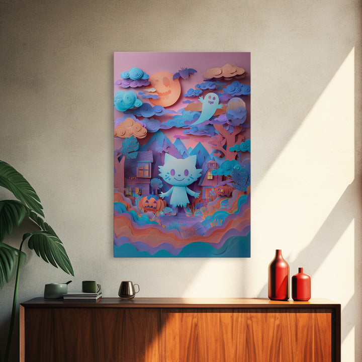 The Halloween Craft Table, Cute Spooky Neon Art, Vertical Wall Art, Framed Canvas Print, Retro Halloween Decor, Neon Wall Art