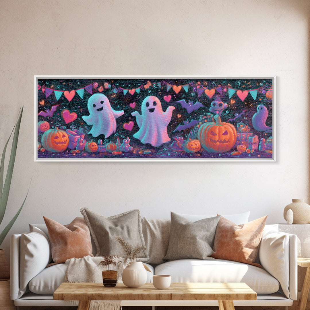 The Halloween Craft Table, Retro Neon Halloween Art, Extra Wide Wall Art, Framed Canvas Print, Retro Halloween Decor, Neon Wall Art