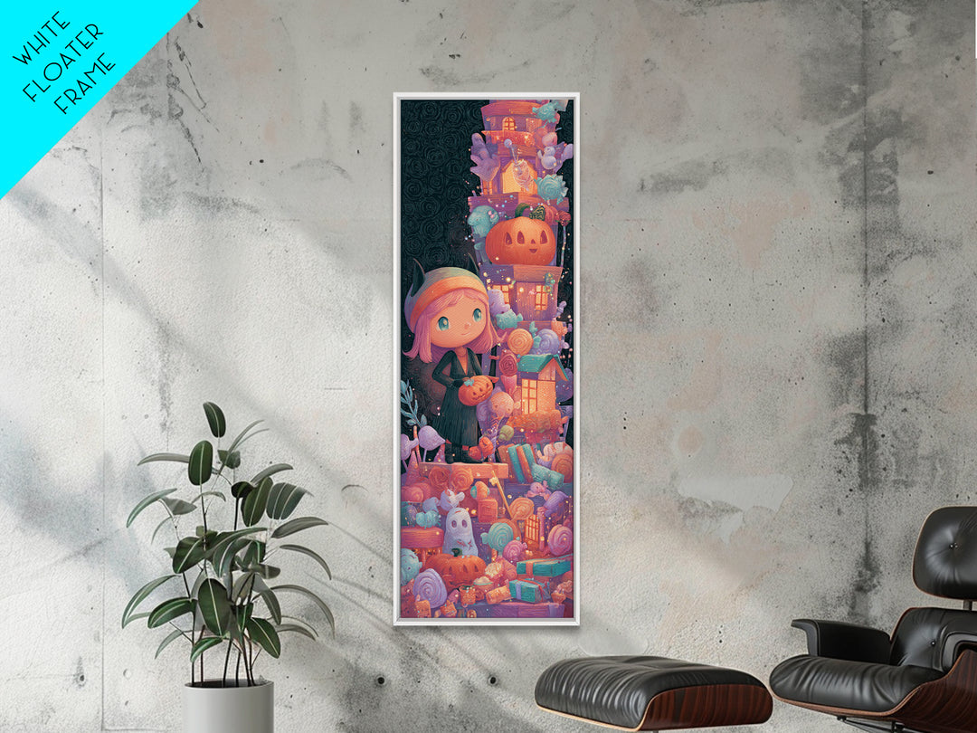 The Halloween Craft Table, Cute Spooky Neon Art, Tall Narrow Wall Art, Framed Canvas Print, Retro Halloween Decor, Neon Wall Art
