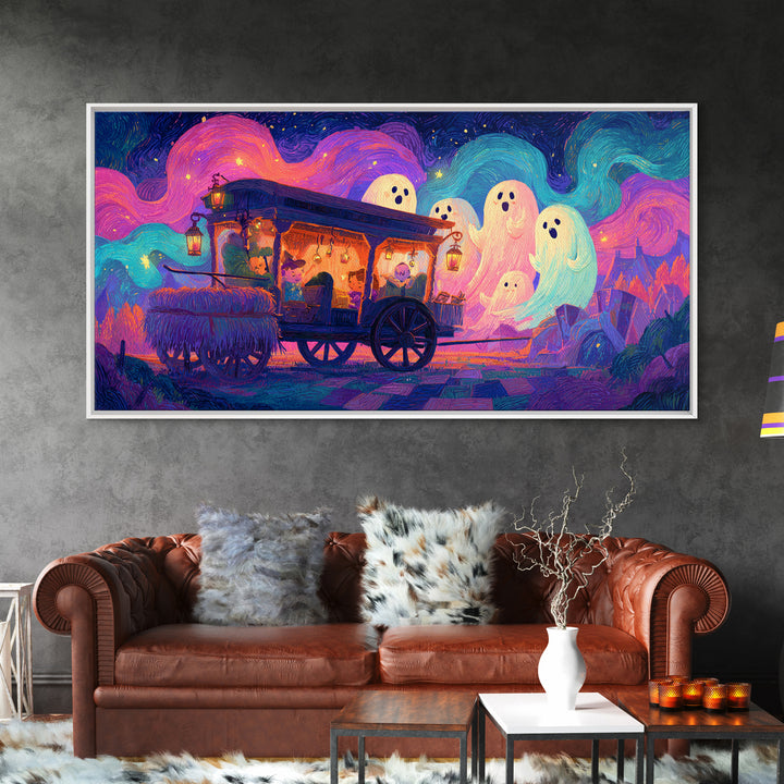 The Friendly Haunted Hayride, 80s Halloween Wall Art, Wide Panoramic Art, Canvas Print, Retro Halloween Decor, Neon Wall Art