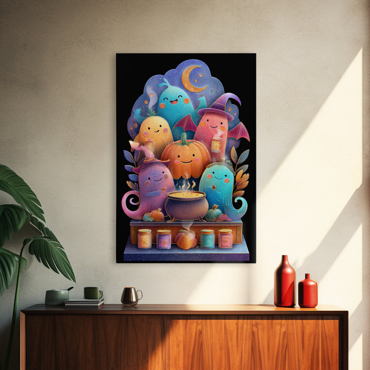 The Pumpkin Pancake Breakfast, Retro Neon Halloween Art, Vertical Wall Art, Canvas Print, Retro Halloween Decor, Neon Wall Art