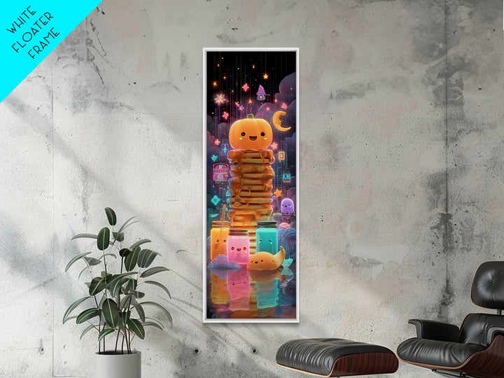 The Pumpkin Pancake Breakfast, Retro Neon Halloween Art, Tall Narrow Wall Art, Canvas Print, Retro Halloween Decor, Neon Wall Art