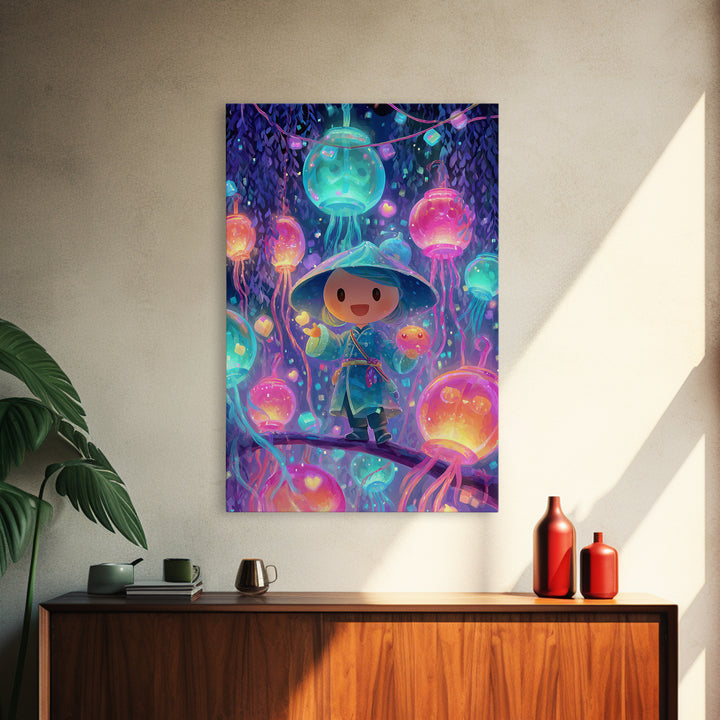 The Lantern-Making Festival, Vaporwave Halloween Decor, Vertical Wall Art, Canvas Print, Retro Halloween Decor, Neon Wall Art