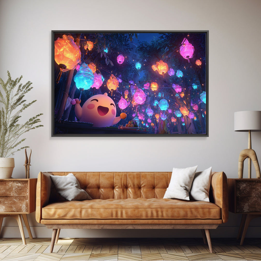 The Lantern-Making Festival, Retro Neon Halloween Art, Landscape Wall Art, Canvas Print, Retro Halloween Decor, Neon Wall Art