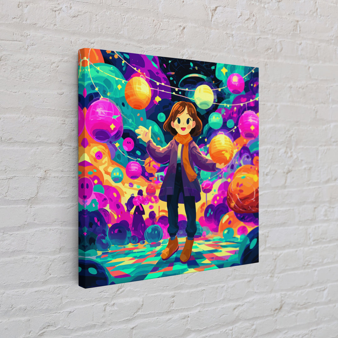 The Lantern-Making Festival, Cute Spooky Neon Art, Square Wall Art, Canvas Print, Retro Halloween Decor, Neon Wall Art, Seasonal Home Decor