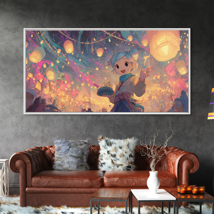 The Lantern-Making Festival, Vaporwave Halloween Decor, Wide Panoramic Art, Canvas Print, Retro Halloween Decor, Neon Wall Art
