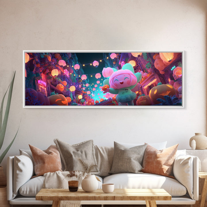 The Lantern-Making Festival, Cute Spooky Neon Art, Extra Wide Wall Art, Framed Canvas Print, Retro Halloween Decor, Neon Wall Art