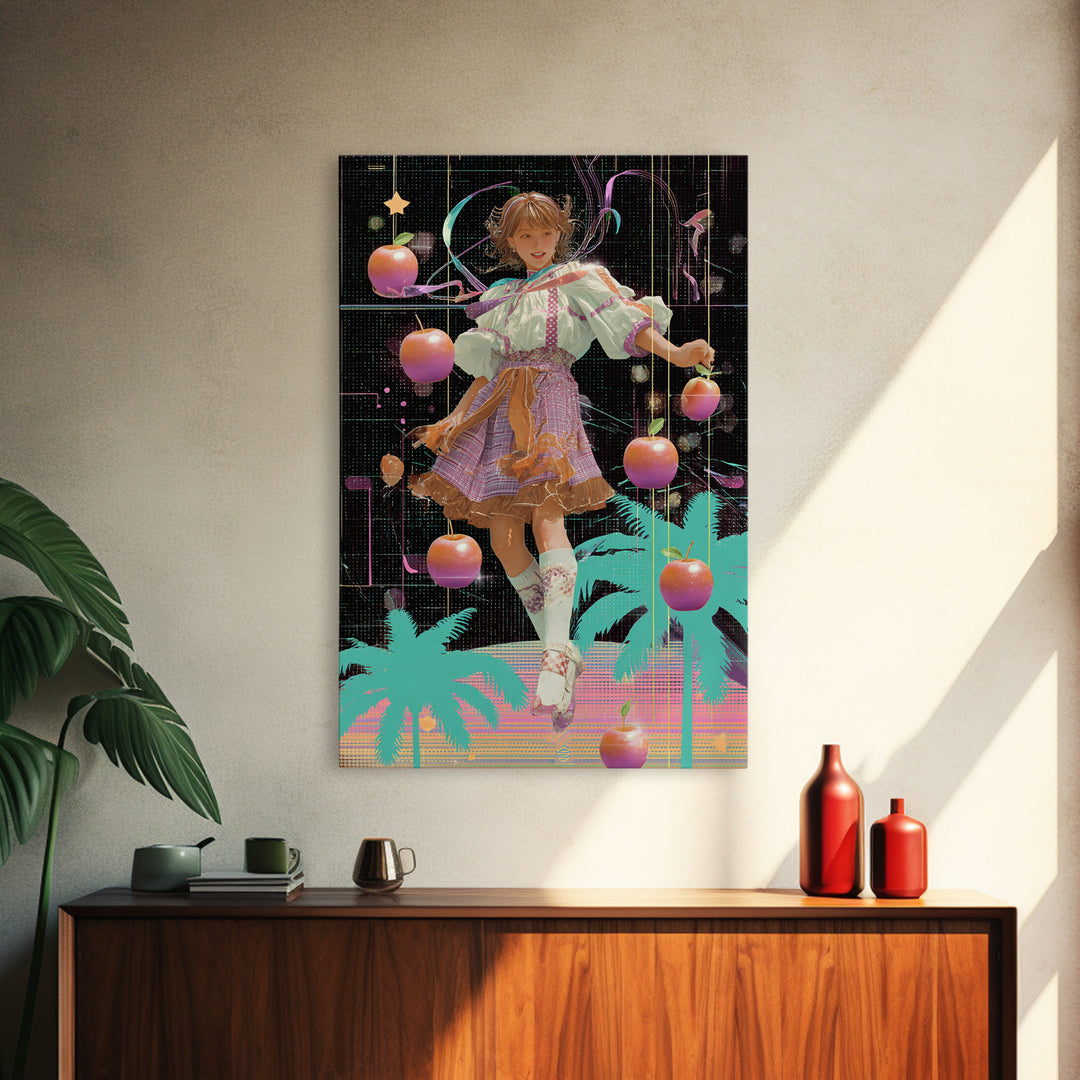The Candy Apple Dance, Vaporwave Halloween Decor, Vertical Wall Art, Framed Canvas Print, Retro Halloween Decor, Neon Wall Art