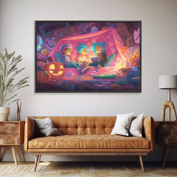 The Halloween Sleepover, 80s Halloween Wall Art, Landscape Wall Art, Framed Canvas Print, Retro Halloween Decor, Neon Wall Art