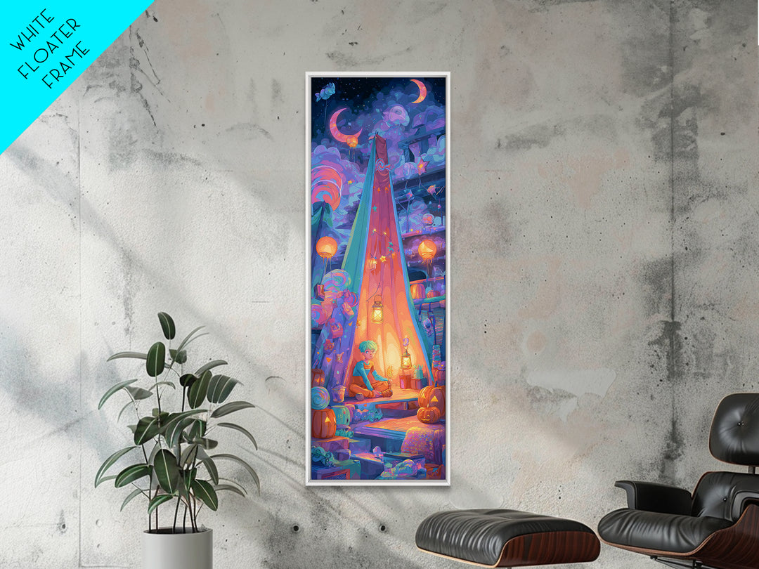 The Halloween Sleepover, Cute Spooky Neon Art, Tall Narrow Wall Art, Framed Canvas Print, Retro Halloween Decor, Neon Wall Art