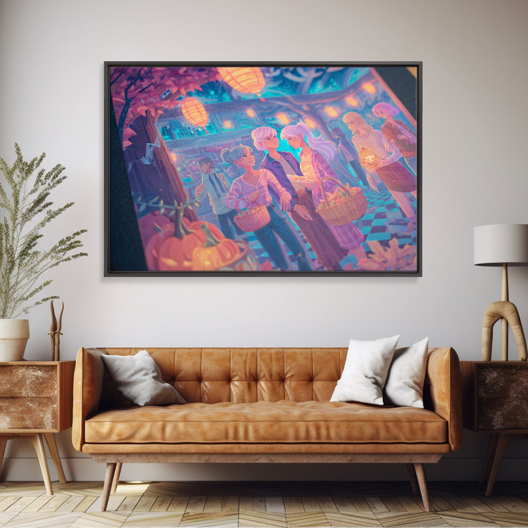 The Moonlit Scavenger Hunt, 80s Halloween Wall Art, Landscape Wall Art, Framed Canvas Print, Retro Halloween Decor, Neon Wall Art