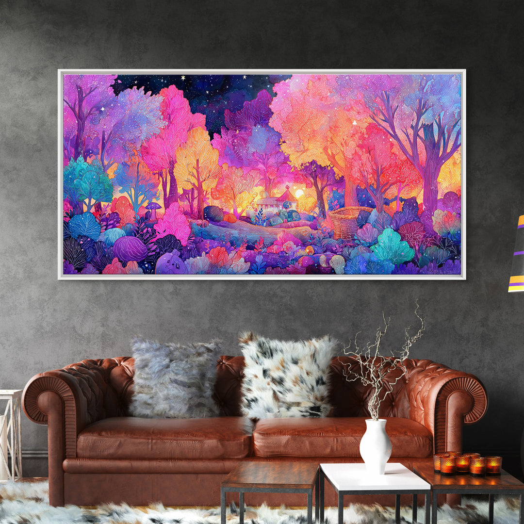 The Moonlit Scavenger Hunt, 80s Halloween Wall Art, Wide Panoramic Art, Canvas Print, Retro Halloween Decor, Neon Wall Art