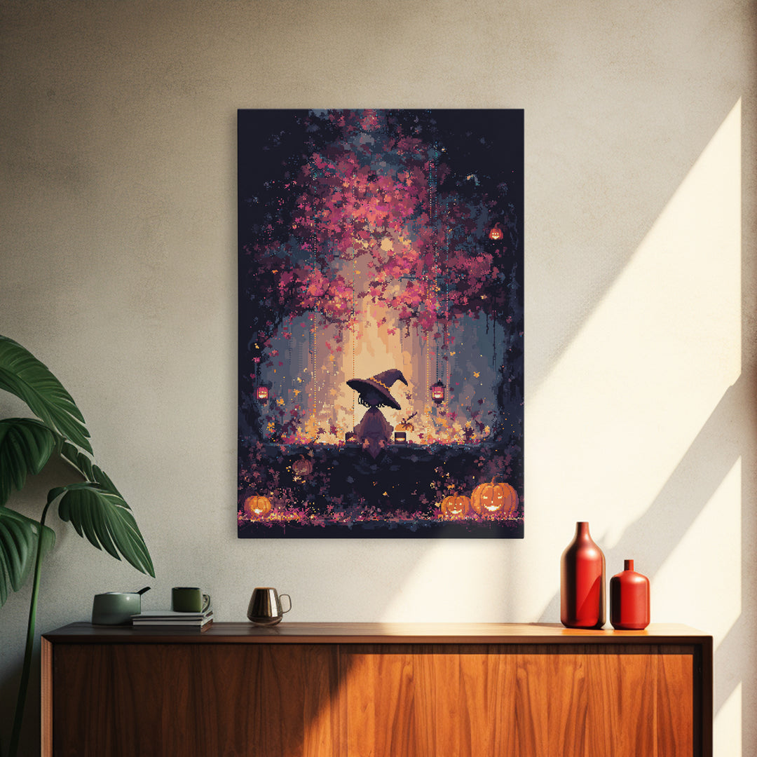 The Witch Hat Ring Toss, Vaporwave Halloween Decor, Vertical Wall Art, Canvas Print, Retro Halloween Decor, Neon Wall Art, Spooky Wall Decor