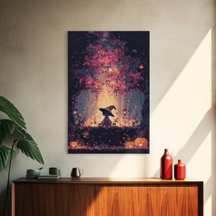 The Witch Hat Ring Toss, Vaporwave Halloween Decor, Vertical Wall Art, Canvas Print, Retro Halloween Decor, Neon Wall Art, Spooky Wall Decor