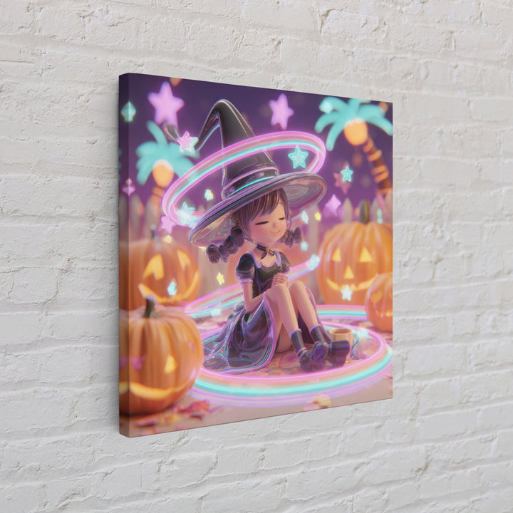 The Witch Hat Ring Toss, Retro Neon Halloween Art, Square Wall Art, Canvas Print, Retro Halloween Decor, Neon Wall Art