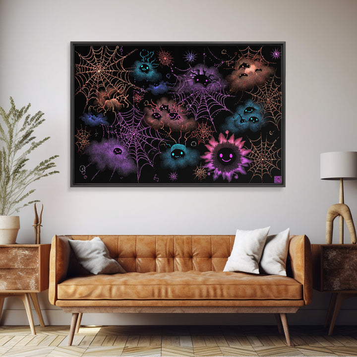 The Great Cobweb Knitting Contest, Vaporwave Halloween Decor, Landscape Wall Art, Canvas Print, Retro Halloween Decor, Neon Wall Art