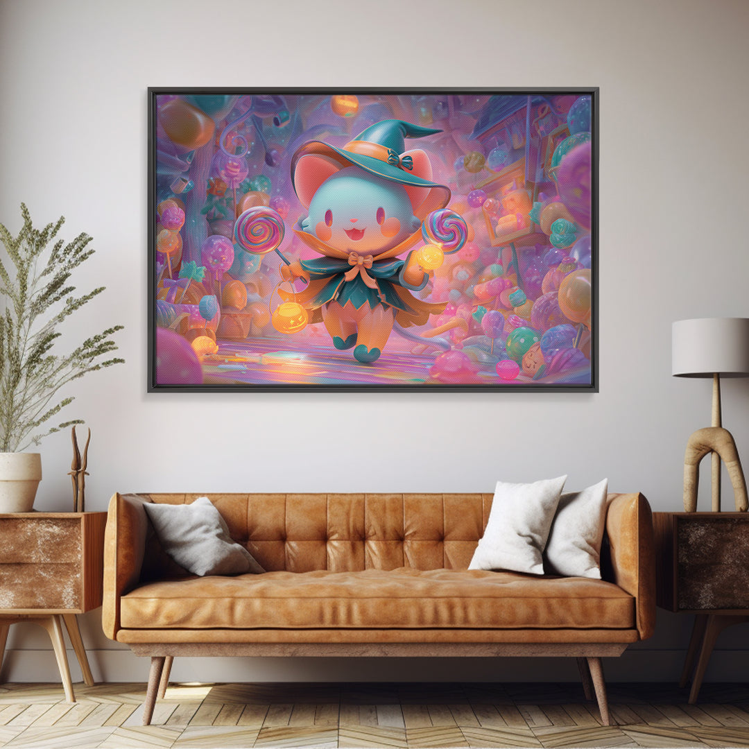 The Halloween Pet Parade, 80s Halloween Wall Art, Landscape Wall Art, Framed Canvas Print, Retro Halloween Decor, Neon Wall Art