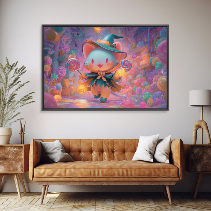 The Halloween Pet Parade, 80s Halloween Wall Art, Landscape Wall Art, Framed Canvas Print, Retro Halloween Decor, Neon Wall Art