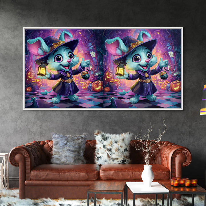 The Halloween Pet Parade, Synthwave Halloween Art, Wide Panoramic Art, Framed Canvas Print, Retro Halloween Decor, Neon Wall Art