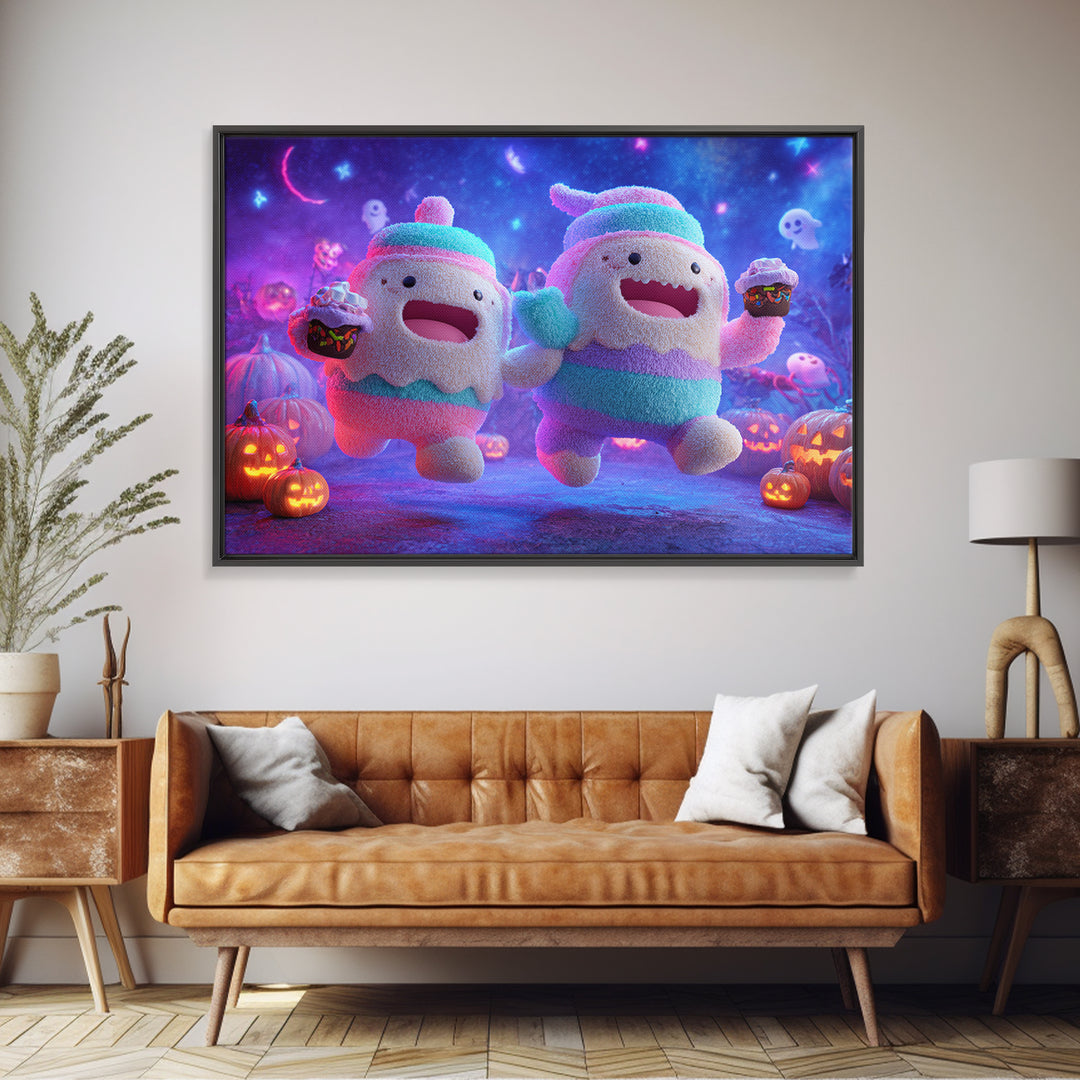 The Midnight Cocoa Party, Retro Neon Halloween Art, Landscape Wall Art, Canvas Print, Retro Halloween Decor, Neon Wall Art, Dark Fantasy Art