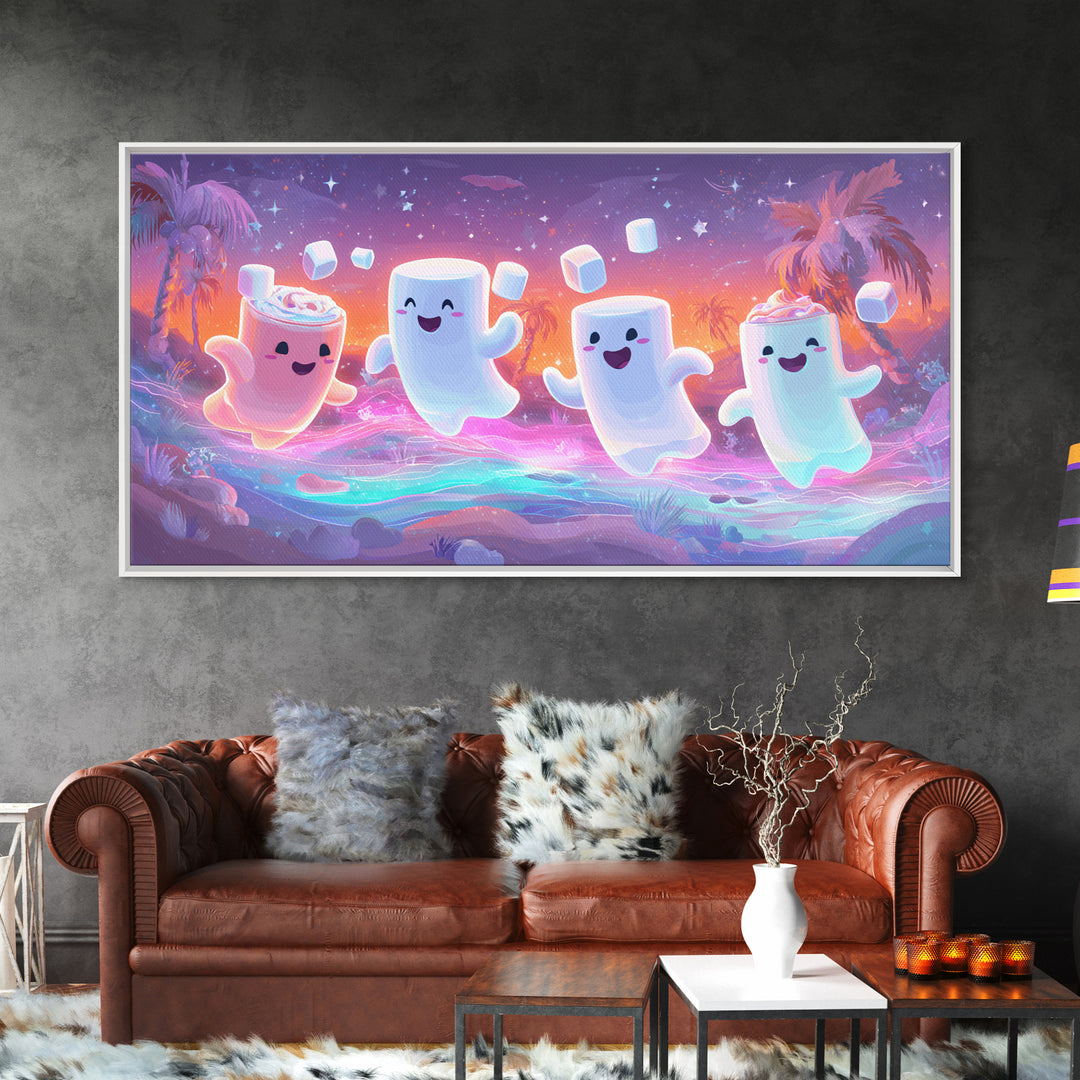 The Midnight Cocoa Party, Vaporwave Halloween Decor, Wide Panoramic Art, Framed Canvas Print, Retro Halloween Decor, Neon Wall Art