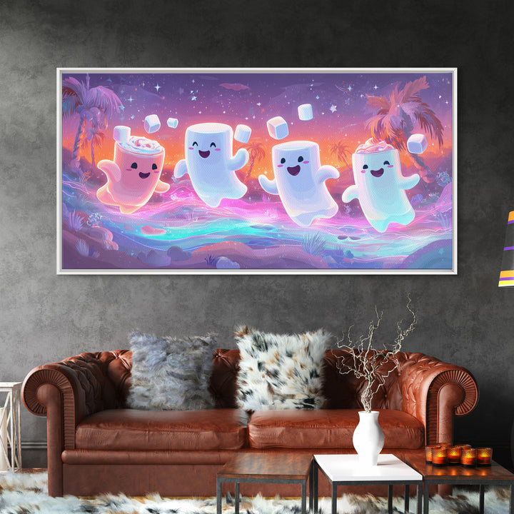 The Midnight Cocoa Party, Vaporwave Halloween Decor, Wide Panoramic Art, Framed Canvas Print, Retro Halloween Decor, Neon Wall Art