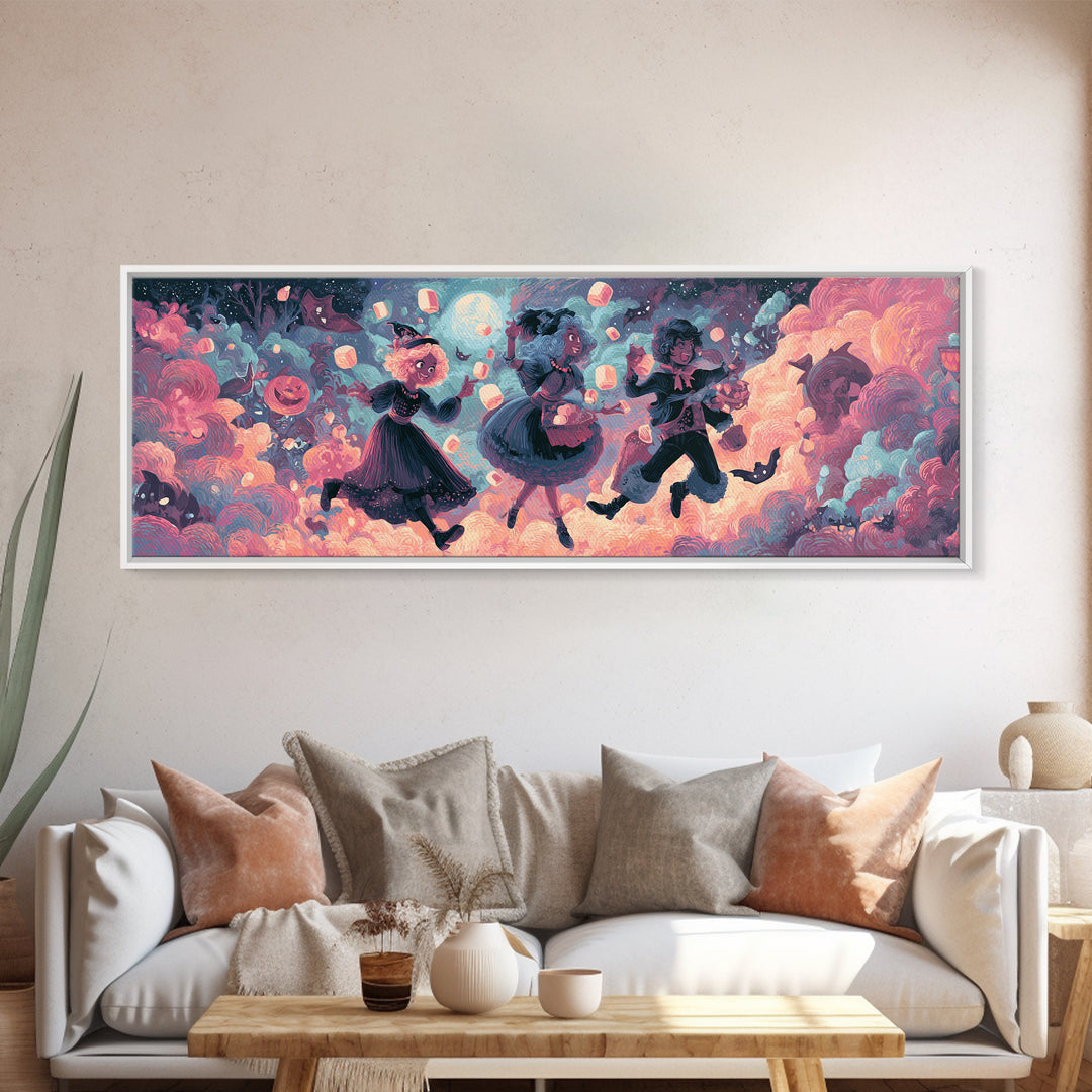The Midnight Cocoa Party, Cute Spooky Neon Art, Extra Wide Wall Art, Framed Canvas Print, Retro Halloween Decor, Neon Wall Art
