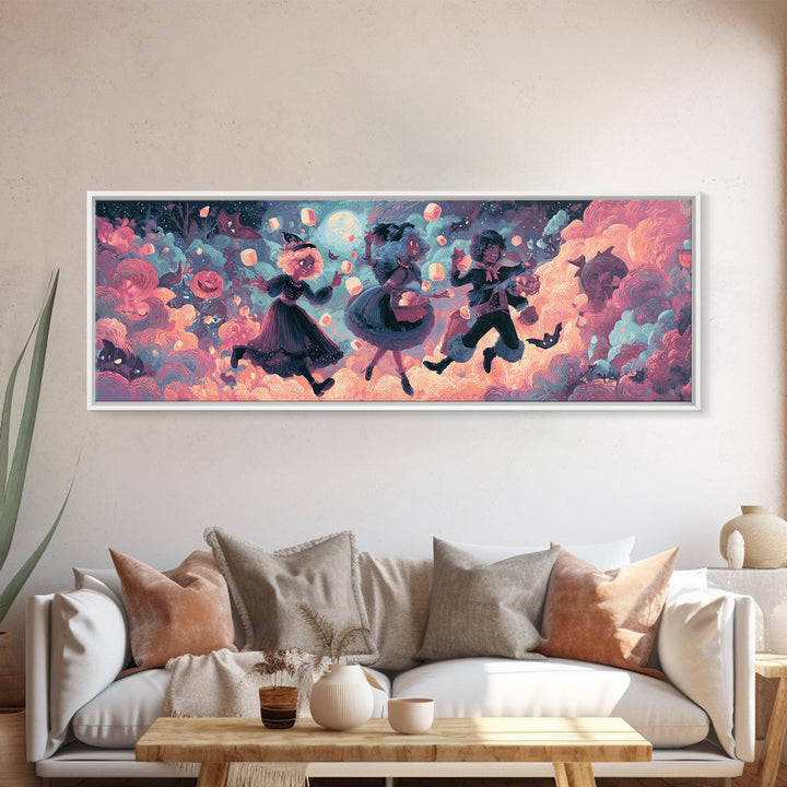 The Midnight Cocoa Party, Cute Spooky Neon Art, Extra Wide Wall Art, Framed Canvas Print, Retro Halloween Decor, Neon Wall Art