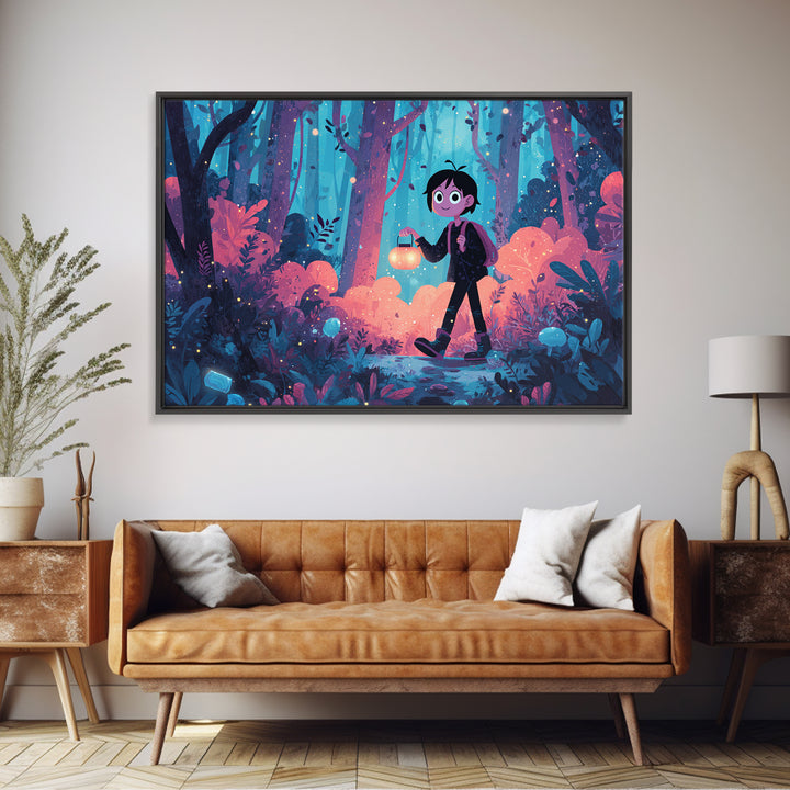The Firefly Lantern Forest, Cute Spooky Neon Art, Landscape Wall Art, Canvas Print, Retro Halloween Decor, Neon Wall Art