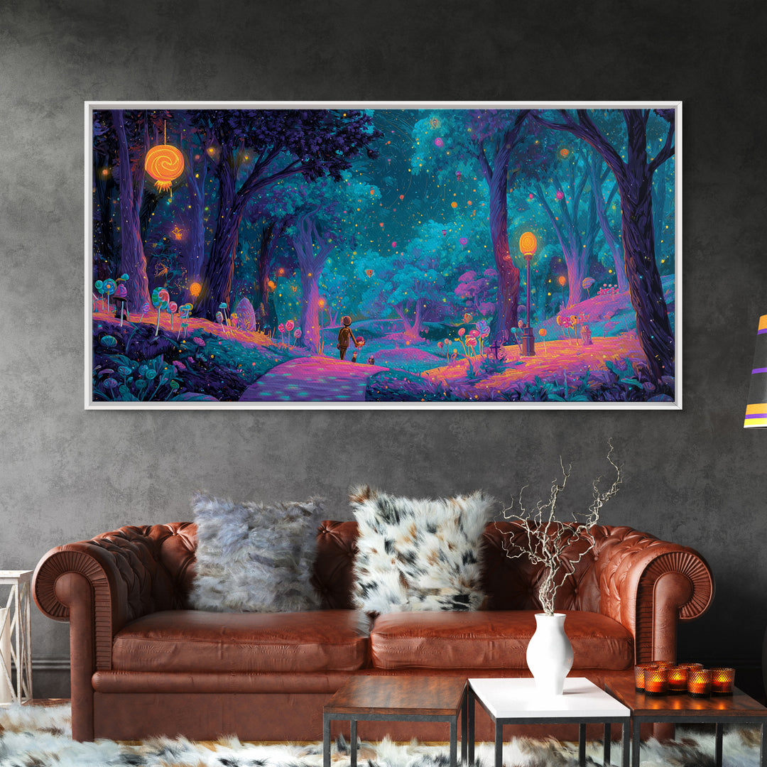 The Firefly Lantern Forest, Vaporwave Halloween Decor, Wide Panoramic Art, Framed Canvas Print, Retro Halloween Decor, Neon Wall Art