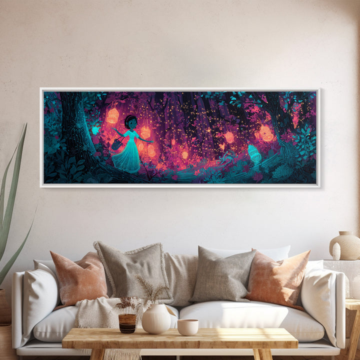 The Firefly Lantern Forest, Vaporwave Halloween Decor, Extra Wide Wall Art, Framed Canvas Print, Retro Halloween Decor, Neon Wall Art