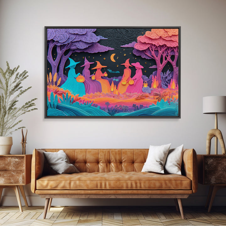 The Smiling Moon Meadow, Retro Neon Halloween Art, Landscape Wall Art, Framed Canvas Print, Retro Halloween Decor, Neon Wall Art