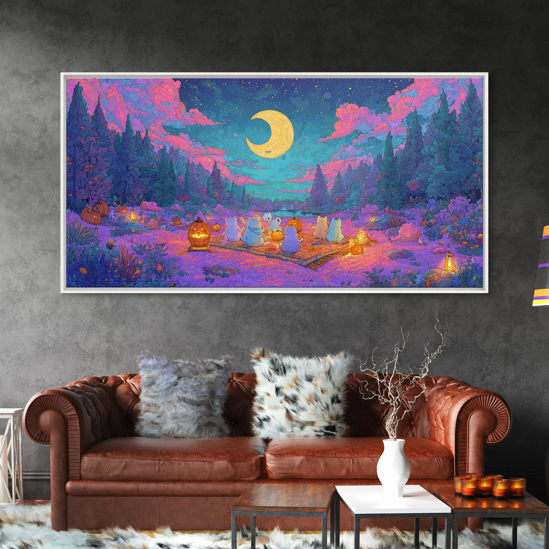 The Smiling Moon Meadow, Vaporwave Halloween Decor, Wide Panoramic Art, Canvas Print, Retro Halloween Decor, Neon Wall Art