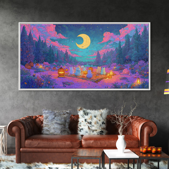 The Smiling Moon Meadow, Vaporwave Halloween Decor, Wide Panoramic Art, Canvas Print, Retro Halloween Decor, Neon Wall Art