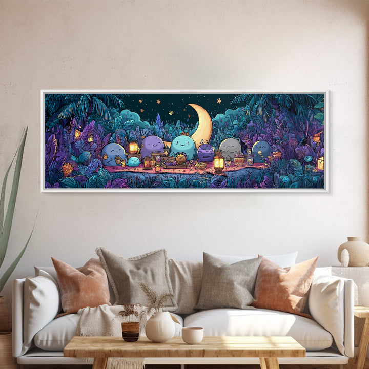 The Smiling Moon Meadow, Synthwave Halloween Art, Extra Wide Wall Art, Framed Canvas Print, Retro Halloween Decor, Neon Wall Art