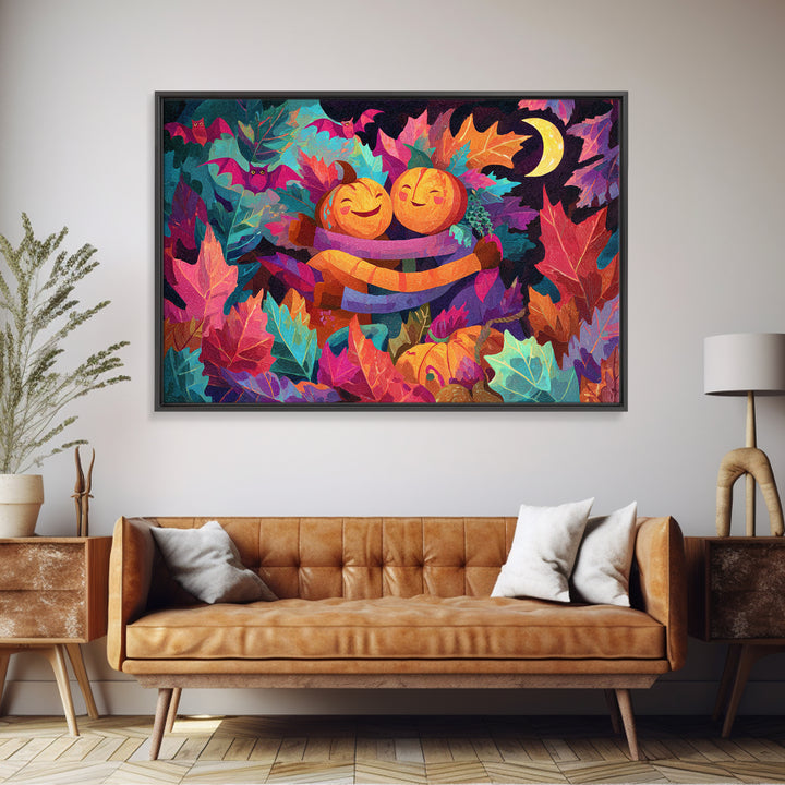 The Dancing Autumn Leaves, Synthwave Halloween Art, Landscape Wall Art, Canvas Print, Retro Halloween Decor, Neon Wall Art