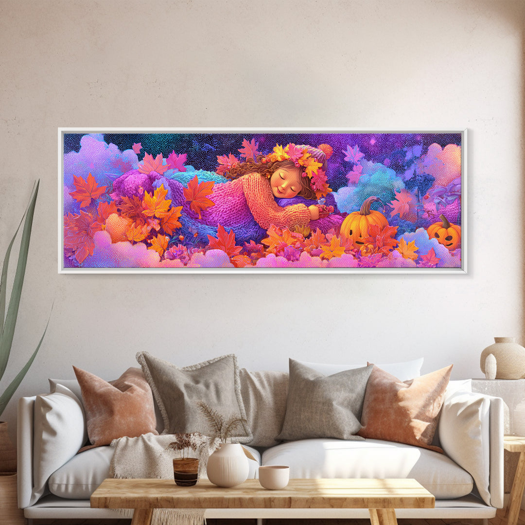 The Dancing Autumn Leaves, 80s Halloween Wall Art, Extra Wide Wall Art, Canvas Print, Retro Halloween Decor, Neon Wall Art