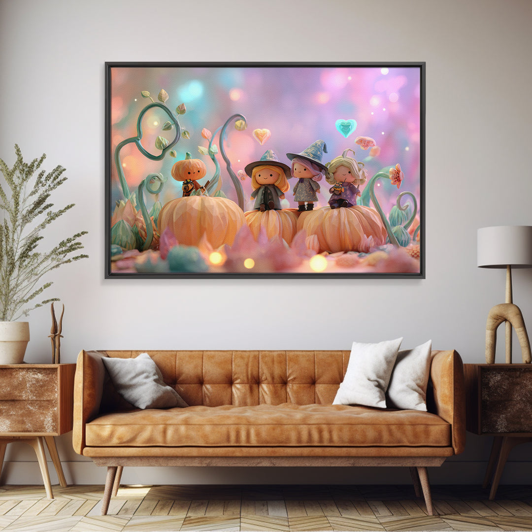 The Pumpkin Flower Garden, Cute Spooky Neon Art, Landscape Wall Art, Canvas Print, Retro Halloween Decor, Neon Wall Art, Horror Wall Art