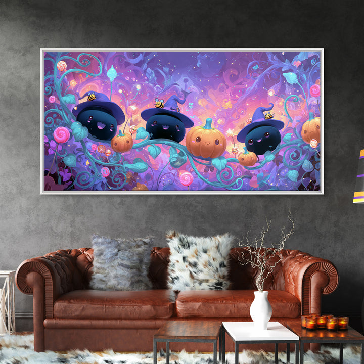 The Pumpkin Flower Garden, Cute Spooky Neon Art, Wide Panoramic Art, Canvas Print, Retro Halloween Decor, Neon Wall Art, Gothic Home Decor